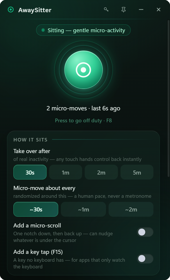 AwaySitter on duty: glowing beacon button, status pill and the last micro-move logged